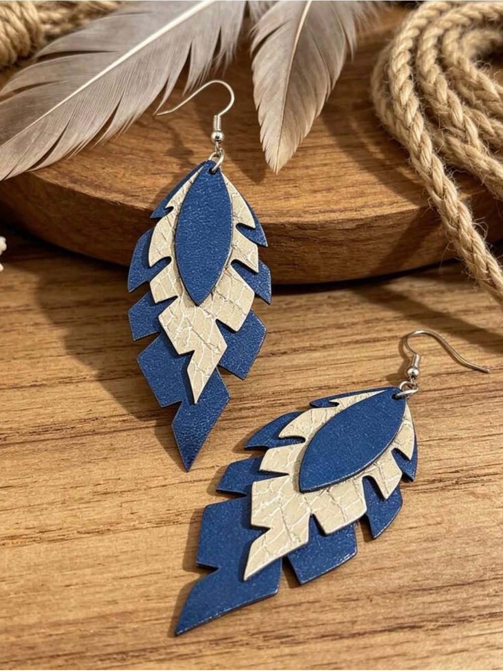 Blue and Gold Layered Feather Drop Earrings - Women Jewelry - Picture 7 of 7